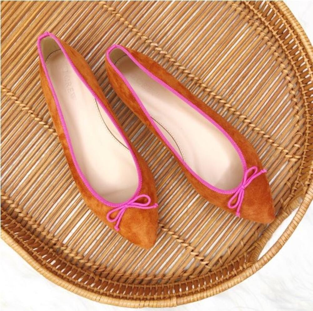J. Crew Gemma Pointed Suede Pink Tan Bow Ballet Flats 7.5